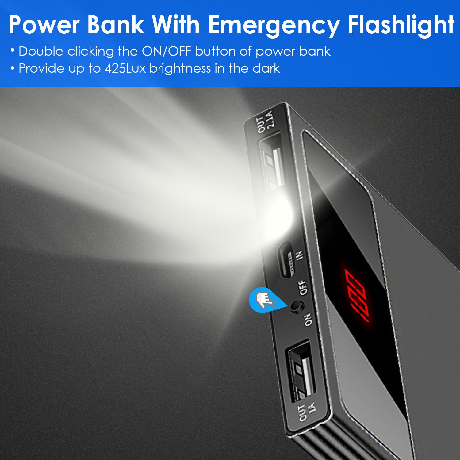 1Pc 20000mAh Power Bank Ultra - thin Phone Charger Dual USB Port Flashlight Battery Remain Display - 5 - CJ