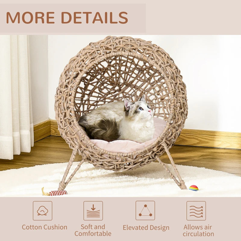 Weaved Cat Bed, Elevated Hand - woven Braided Banana Leaf Kitten House Condo With Cushion, Beige - 5 - CJ
