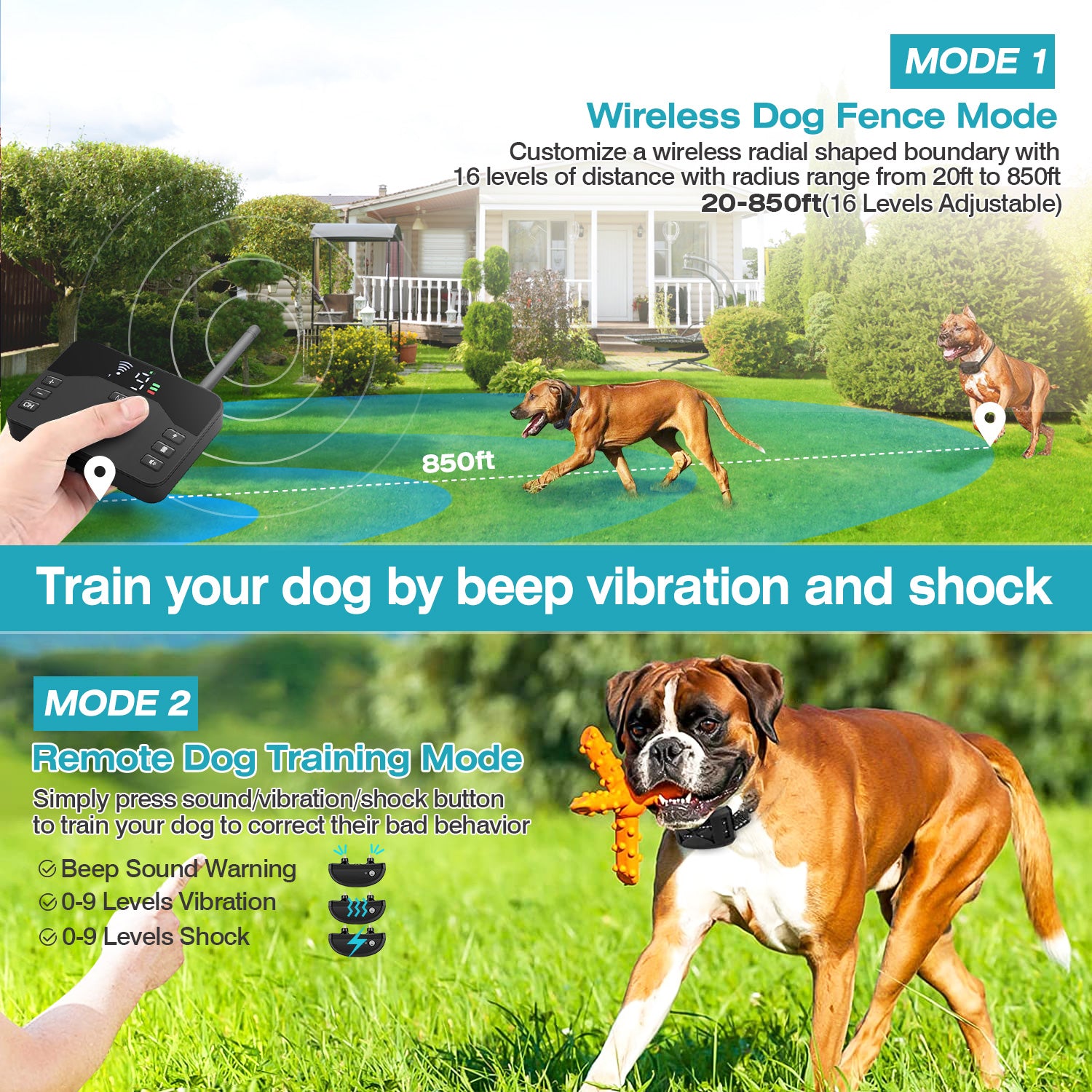 2 In 1 Wireless Electric Dog Fence Waterproof Pet Shock Boundary Containment System Electric Training Collar With 2 Receiver Collars For Small Medium Large Dogs - 5 - CJ