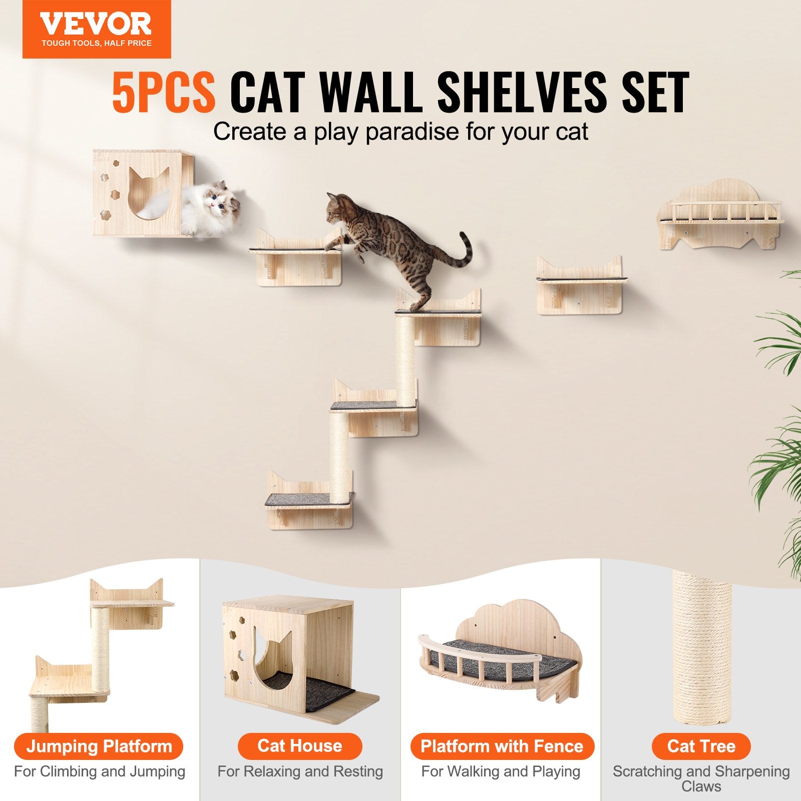 Wall Mounted Cat Shelves Tree With Jumping Boards Nest Furniture Set Of 5 - 5 - CJ