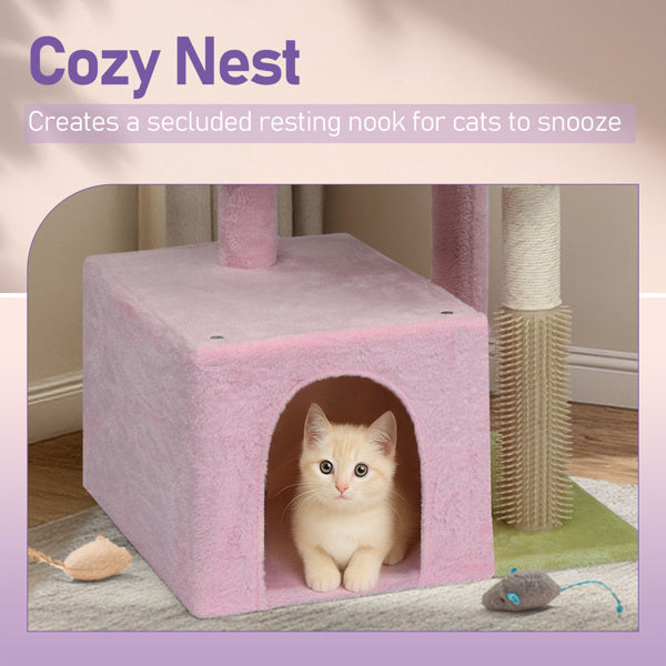 27.5in Cat Tree, Multi - level Cat Tower With Cat Scratching Post And Pad, Cozy Cat Condo, Padded Top Bed For Kittens And Indoor Cats, Pink & Green - 5 - CJ