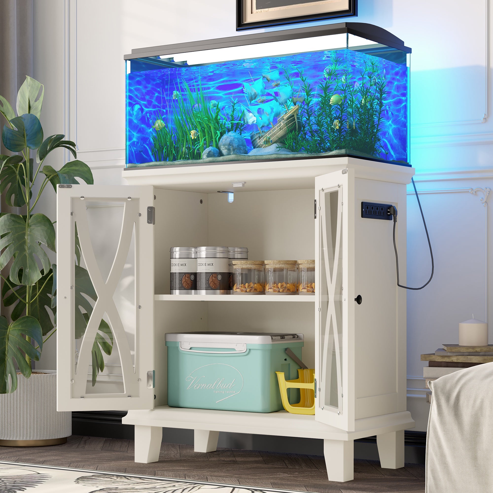 20 - gallon Aquarium Rack With 4 AC Outlets And 2 USB Ports, Farmhouse - style Decorative Aquarium Rack Furniture With Adjustable Shelves 10 - 20 Gallon Reptile And Turtle Rack With Storage Cabinet, Beige. - 5 - CJ