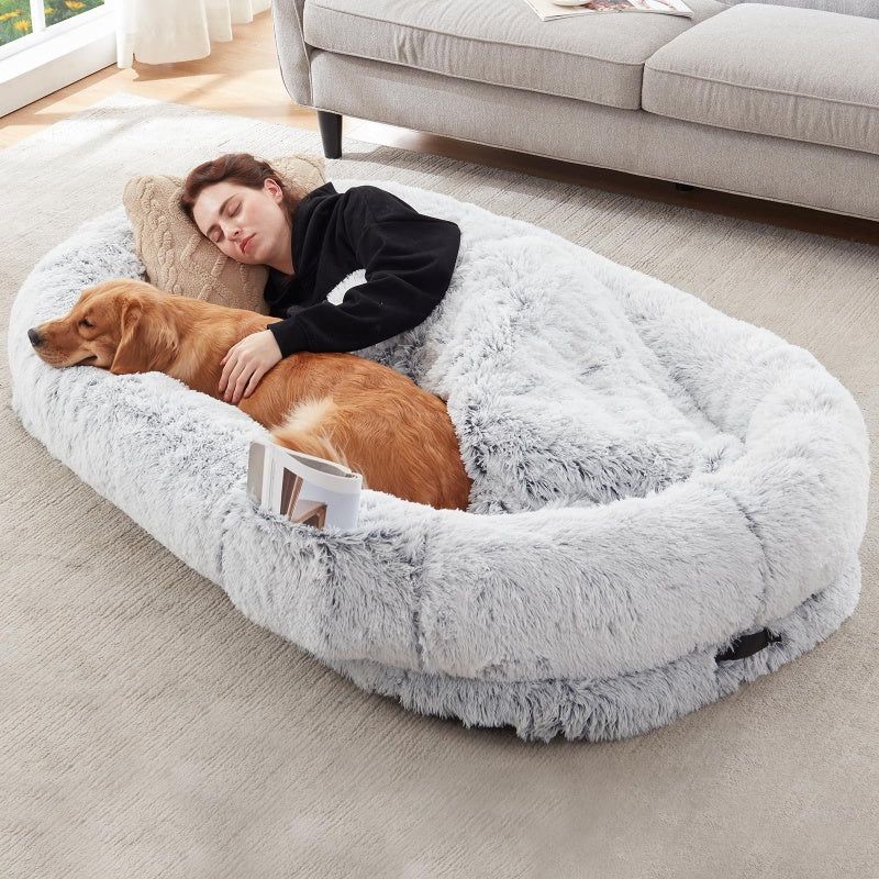 Human Dog Bed, 63''x31.4''x9.5'' Size Fits You And Pets, Washable Faux Fur Dog Bed For People Doze Off, Napping Orthopedic Dog Bed, Present Plump Pillow, Blanket, Strap - Grey - 5 - CJ