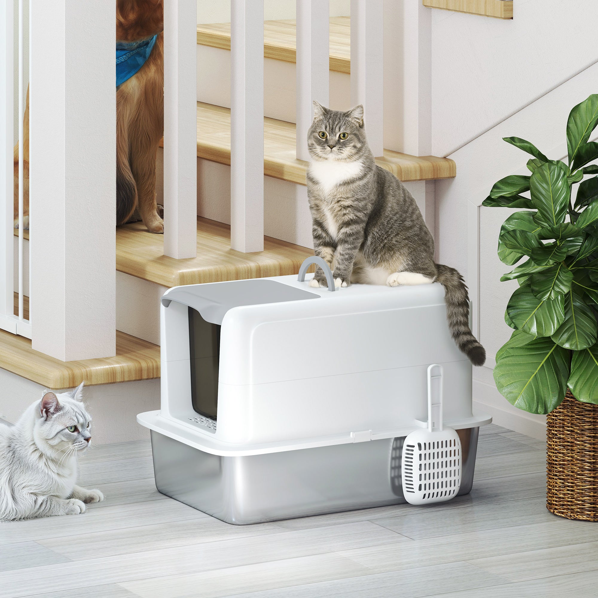 2 in 1 Stainless Steel Cat Litter Box with Removable Lid, Scoop, Filter Bags, for Small to Large Cats, White - 5 - CJ