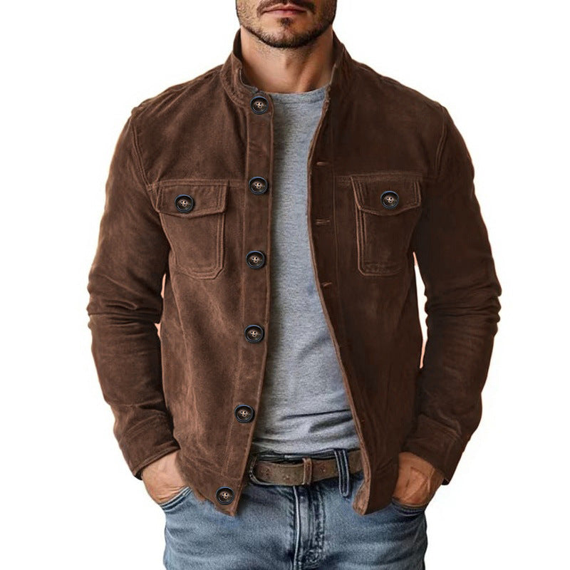 Vintage Single - breasted Jacket Men's Casual Motorcycle Faux Suede Tops - 0 - CJ - Brown - 3XL - CJXZ264702718RI