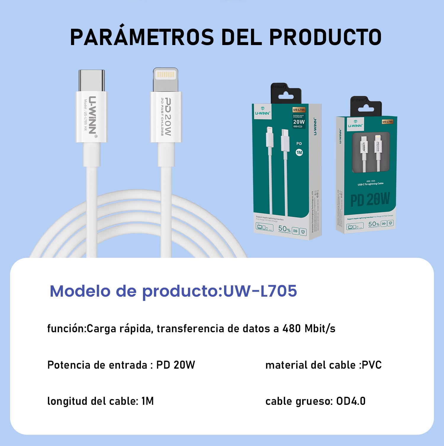 L705 USB - C To Lightning Cable PD 20W 1M White USB 3.0 UWINN - 5 - CJ