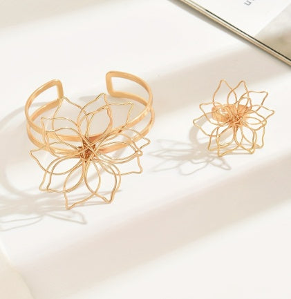 Lxalry Fashion Women's Jewelry Set, Elegant Geometric Lattice Flower Ring, Double - Layer Smooth Open Adjustable Bracelet With Inlaid Lattice Line Flower Bracelet, Suitable For Everyday, Wedding Party - 5 - CJ