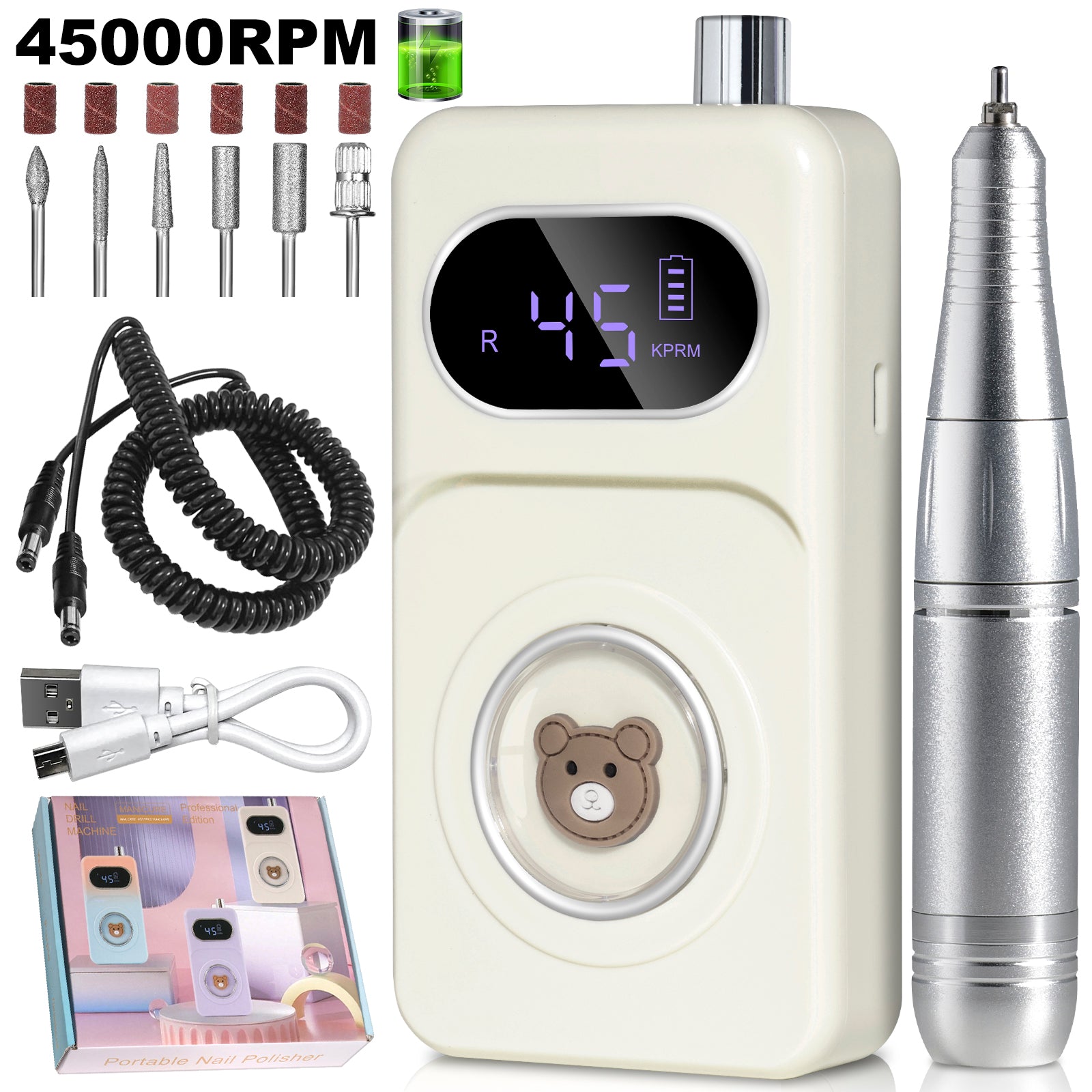 Professional 45000RPM Portable Electric Nail Drill Kit, Rechargeable Nail Electronic File Machine, Electric Nail Polishing Machine With Drill Head And Base, Nail Drill For Acrylic Nails, Nail Gel, Fem - 5 - CJ