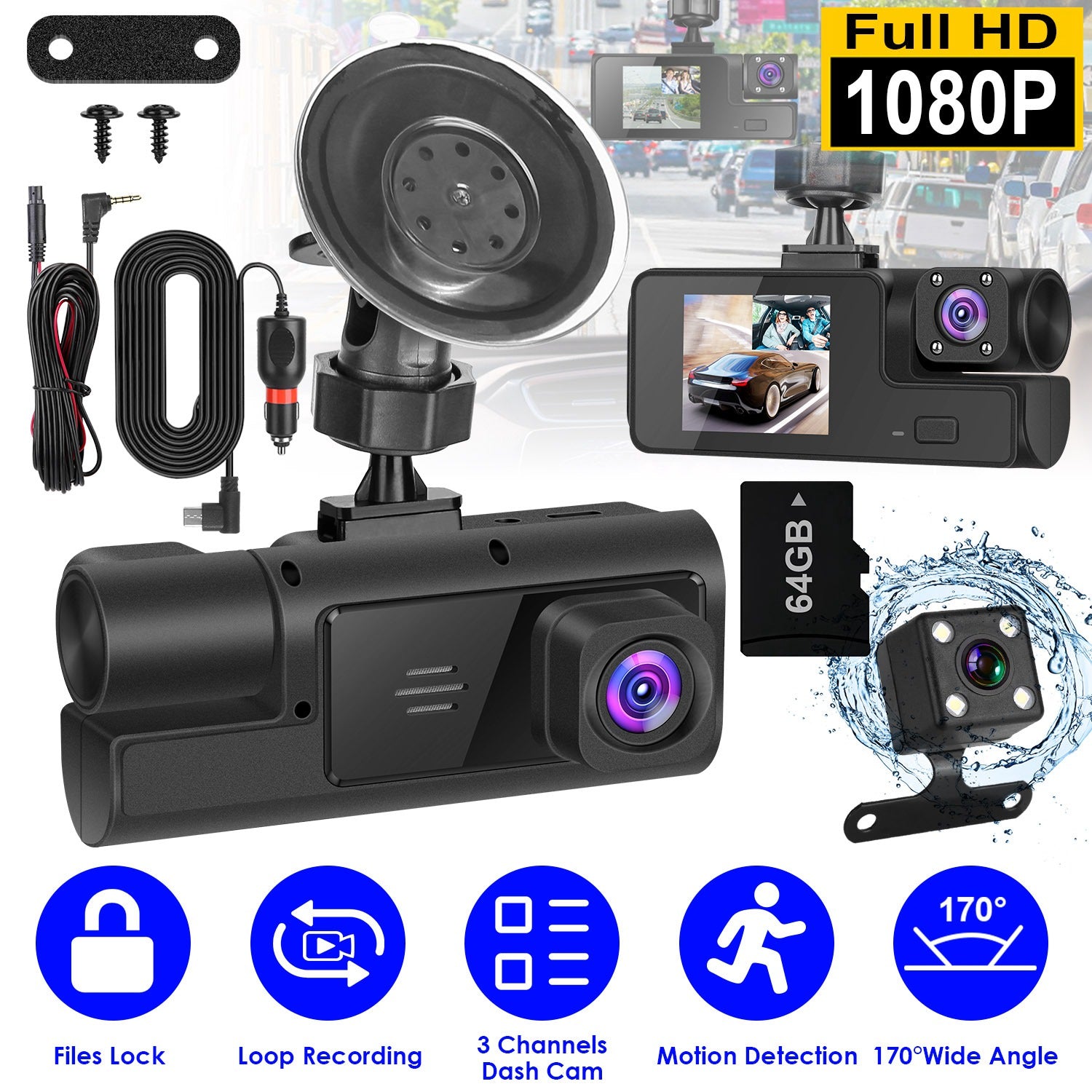 1Pc WiFi FHD 1080P Car Dash Cam 3 Channels Front Rear Inside Dash Camera With Loop Recording Reversing Visual 170 Degree Wide Angle 64G Card Included - 5 - cjdropshipping