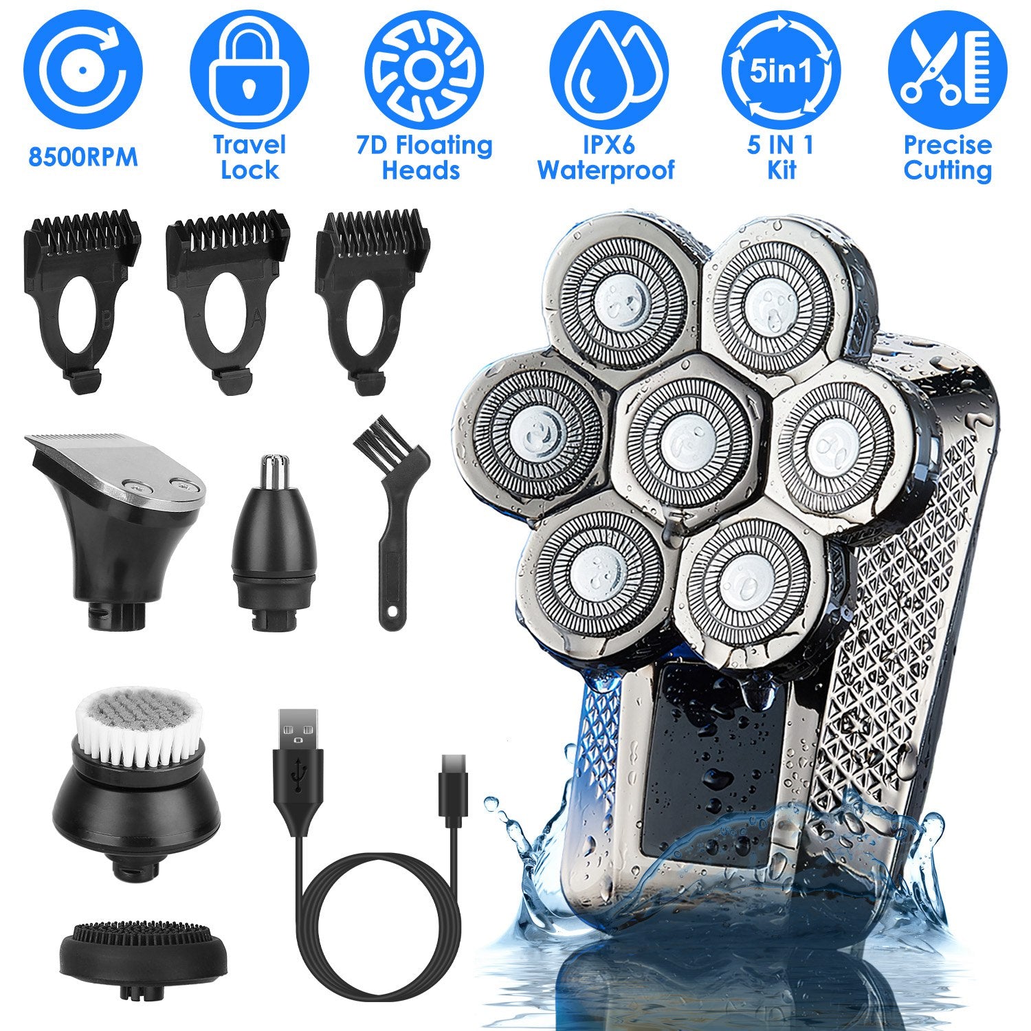 1Pc Head Shavers For Bald Men 5 In 1 7D Electric Rotary Razor Rechargeable Cordless Head Beard Trimmer Shaver Kit IPX6 Waterproof Dry Wet Grooming Kit With 3 Combs - 5 - CJ