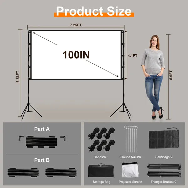 100inch/120inch Options Projector Screen With Stand 16:9 4K HD Rear Front Wrinkle - Free Portable And Foldable Movie Screen With Carry Bag For Indoor Outdoor Home Theater Backyard Cinema - 5 - CJ