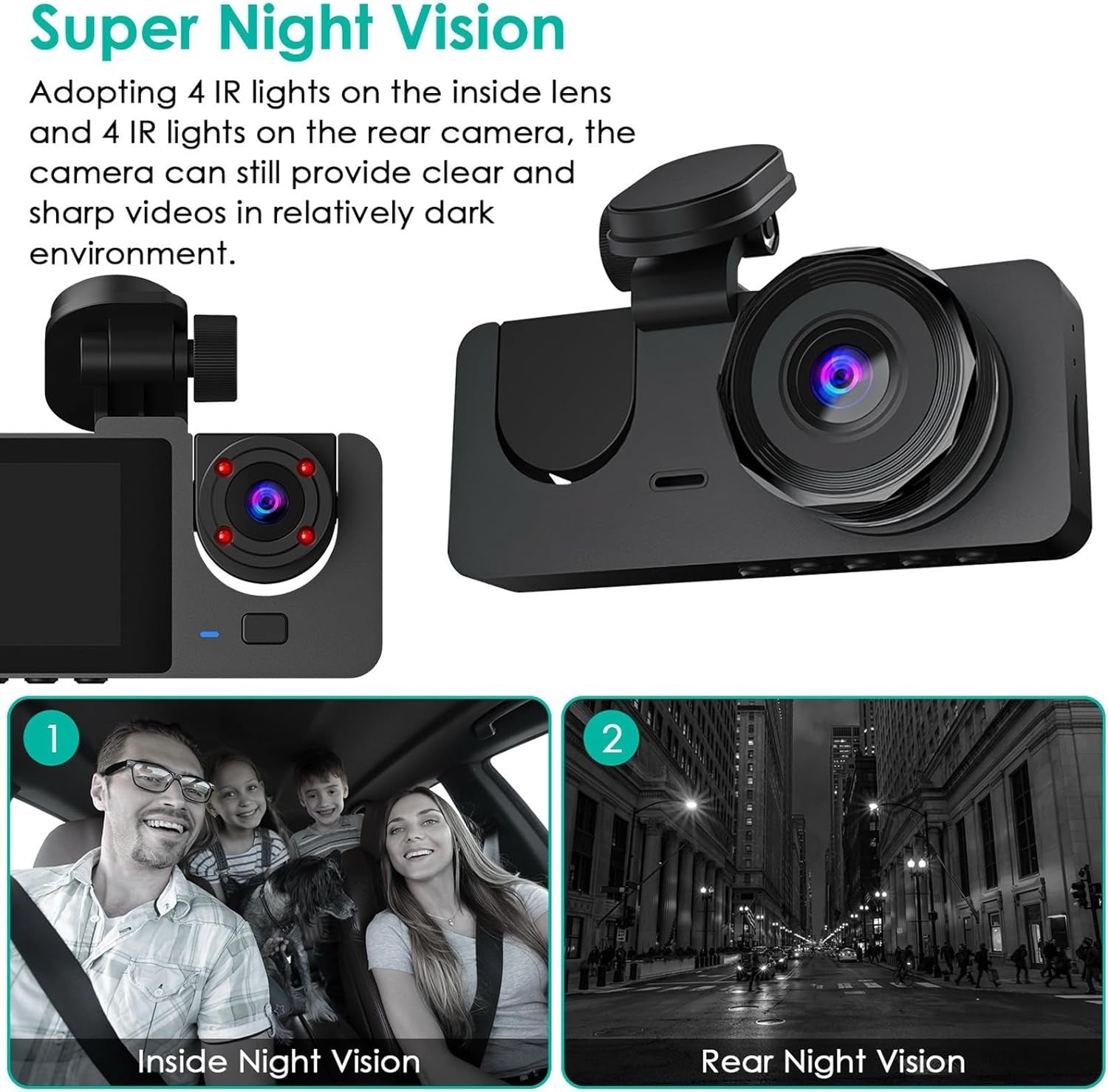3 Channel Dash Cam, 1080P Dash Cam Front And Rear Inside, Three Way Dash Camera For Cars, Car Camera With 32GB Card, 24H Parking Mode, Loop Recording, Super Night Vision - 5 - CJ
