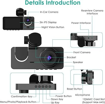 3 Channel Dash Cam, 1080P Dash Cam Front And Rear Inside, Three Way Dash Camera For Cars, Car Camera With 32GB Card, 24H Parking Mode, Loop Recording, Super Night Vision - 5 - CJ