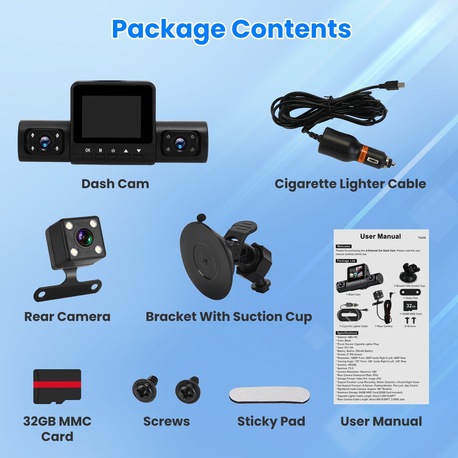 1Pc 360 Degree View FHD 4 Channel Dash Cam 1080P Front 480P Rear Left Right Inside Dash Camera With IR Night Vision Loop Recording Motion Detection Free 32GB MMC Card - 5.0 - CJ