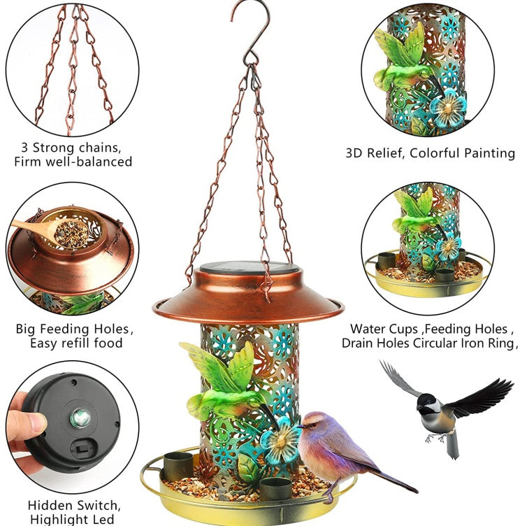 Solar Bird Feeder For Outdoors Hanging, Metal Wild Bird Feeder For Cardinals Solar Garden Lantern With S Hook As Gift For Bird Lovers - 5 - CJ