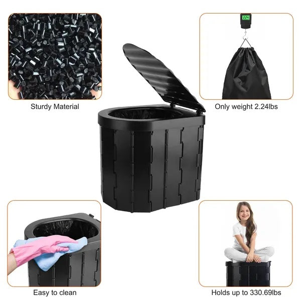 Foldable Emergency Toilet Portable Porta Potty For Car Travel Camping Boating Hiking Cleanable Travel Commode With Lid Carry Bag 1 Roll Garbage Bags - 5 - CJ