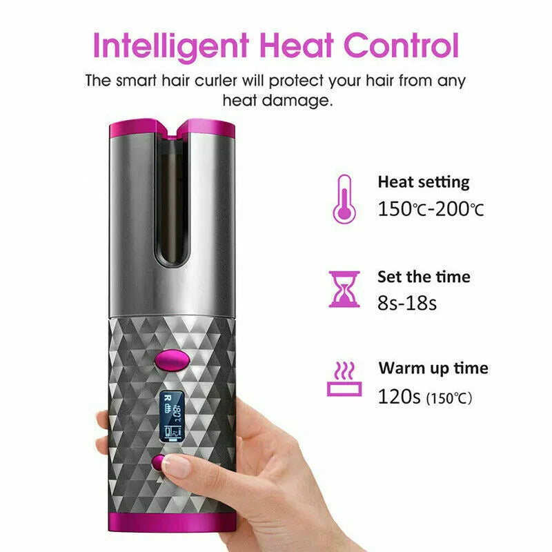Hair Curler LCD Cordless Auto Rotating Waver Curling Iron Ceramic Wireless USA - 5 - CJ