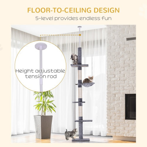 9 Foot Adjustable Height Floor To Ceiling Vertical Cat Tree - Grey And White - 5 - CJ