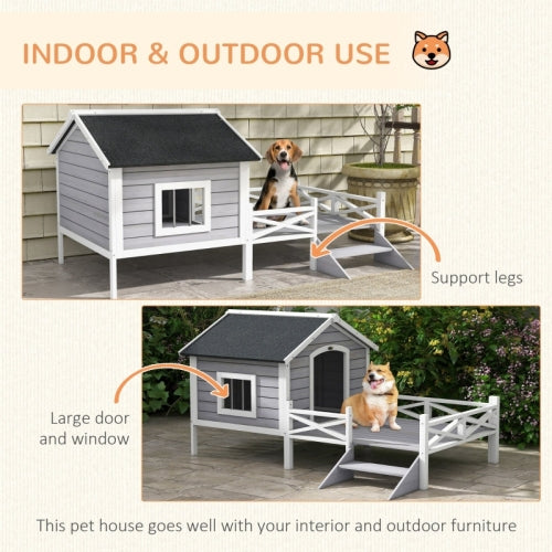 PawHut Small Medium Dog House With Porch, Grey - 5 - CJ