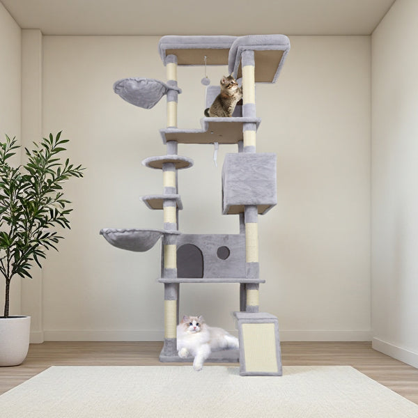 84.6 In Light Gray Cat Tree Tower With Wide Base, 3 Large Hinding Condo, 11 Sisal Scratching Post, Sisal Scratching Ladder, 2 Hammocks, Large Top Platform, Many Landing Perch And Interactive Toy - 5 - CJ