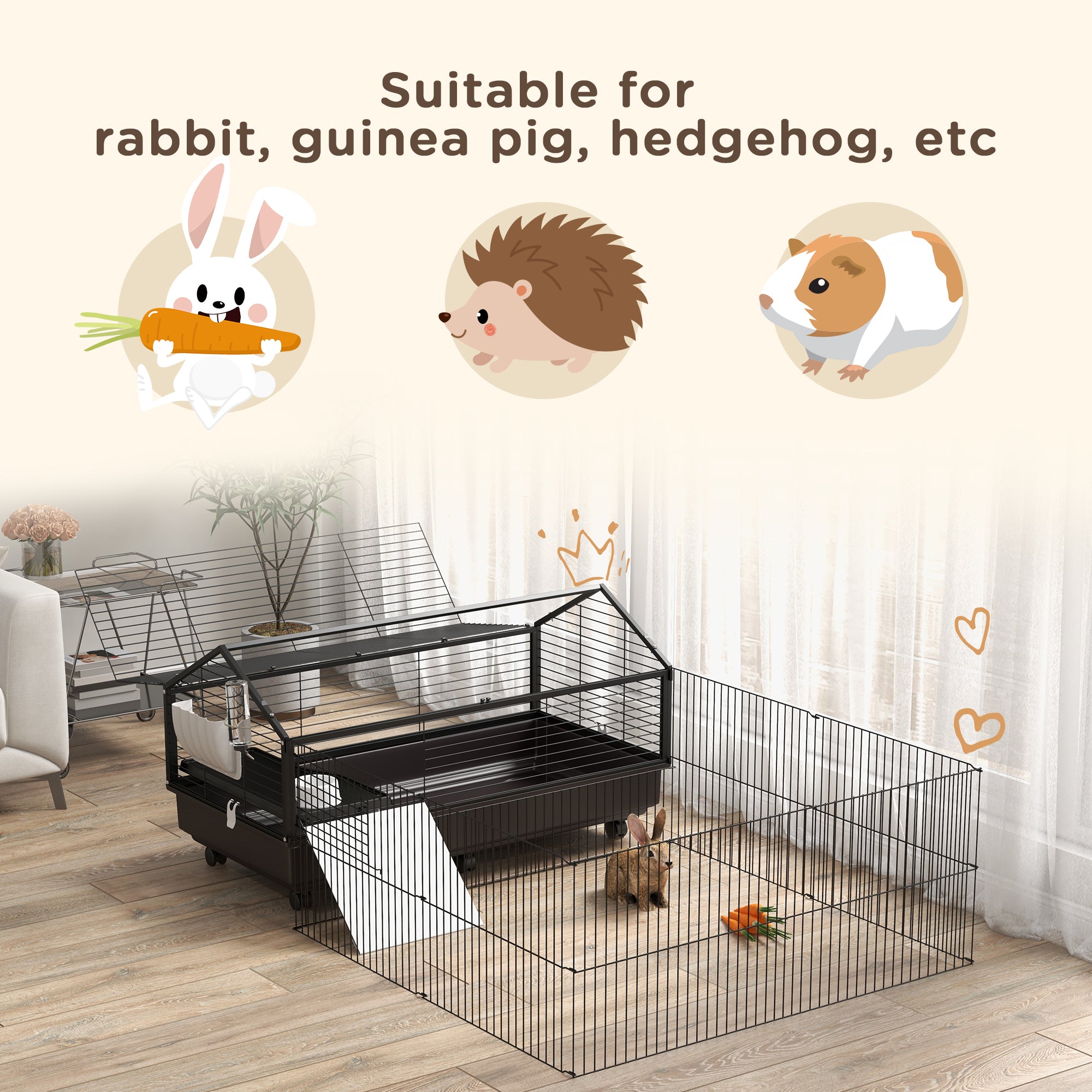 Small Animal Playpen Cage with Rolling Caster, Water Bottle 46.5" - 5 - CJ