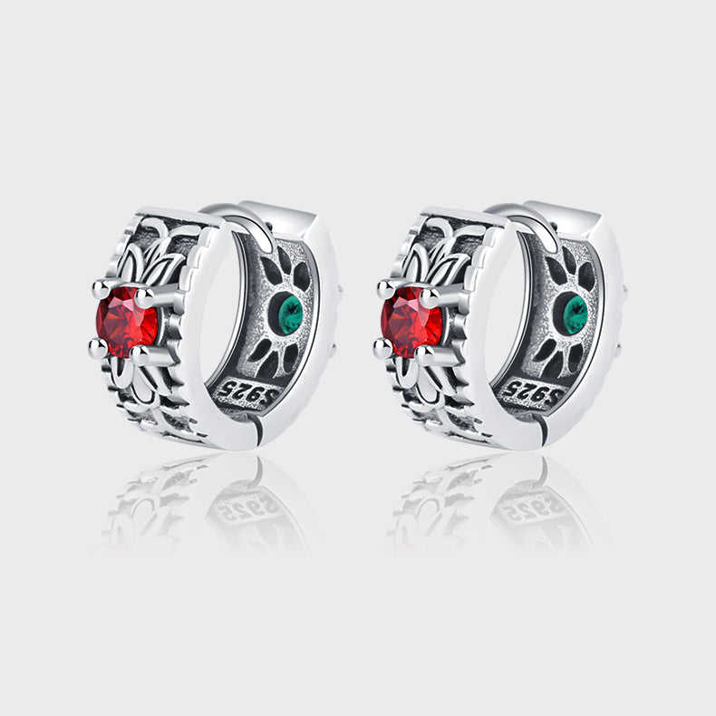 925 Sterling Silver Floral Pattern Red Green Zircon Front And Back Wear Vintage Earrings - 4 - CJ