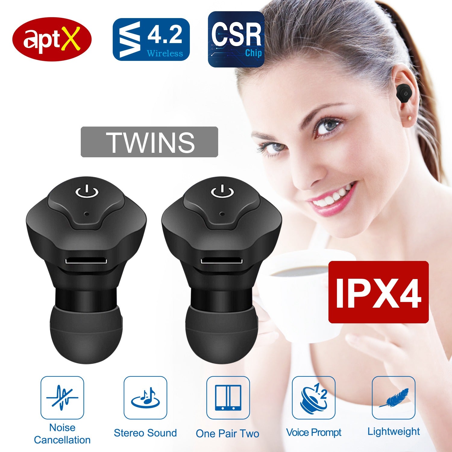 1 Pair True Wireless Earbuds CSR V4.2 In - ear Stereo Headsets IP44 Waterproof Apt - X TWS Headphones Noise Cancelling With Mic For Business Driving Walking - 5 - CJ