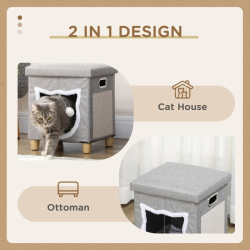 PawHut Cat House Cave, Cat Bed Cube With Scratching Pad, Soft Detachable & Washable Cushion, Toy Ball, For Indoor Kittens, Grey - 5 - CJ