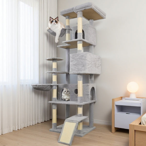 84.6 In Light Gray Cat Tree Tower With Wide Base, 3 Large Hinding Condo, 11 Sisal Scratching Post, Sisal Scratching Ladder, 2 Hammocks, Large Top Platform, Many Landing Perch And Interactive Toy - 5 - CJ