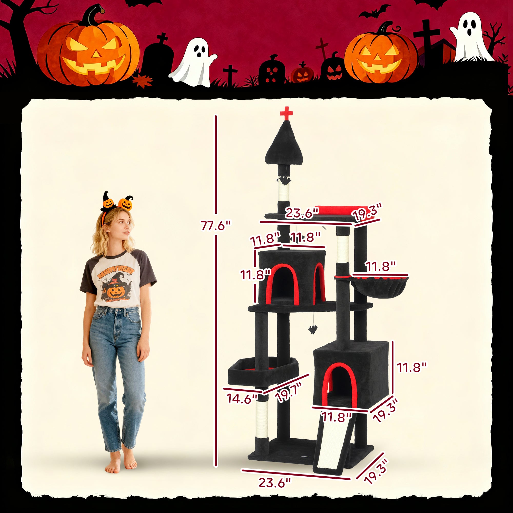 78" Gothic Cat Tree, Cat Tower with Coffin Bed, 2 Spacious Condos, Sisal Scratching Posts, Bat Hanging Balls, Halloween - 5 - CJ
