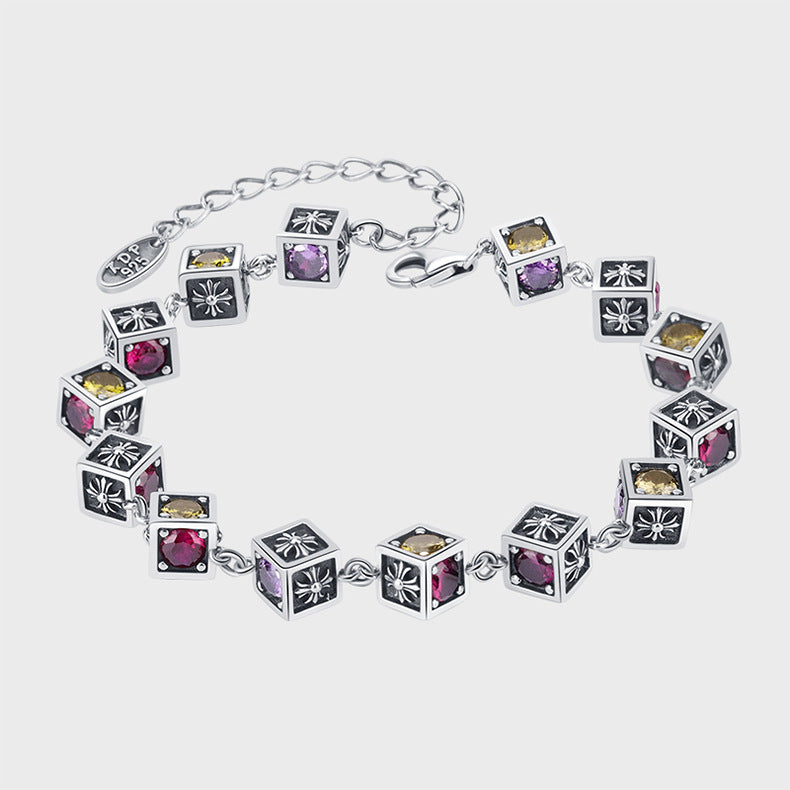 925 Sterling Silver Tide Square Cross Rainbow Zircon Dice Bracelet - 4 - CJ