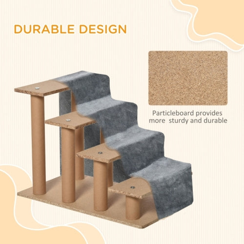 PawHut Four - Step Dog Stairs, With Washable Plush Cover, For High Bed Sofa, Dog Stairs For Small Dog And Cat - Light Grey - 5 - CJ
