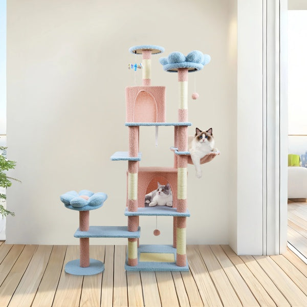 71 Inch Flower Cat Tree With Large Condo Removable Flower Cushion And Hammock Blue - 5 - CJ