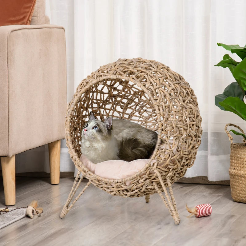 Weaved Cat Bed, Elevated Hand - woven Braided Banana Leaf Kitten House Condo With Cushion, Beige - 5 - CJ