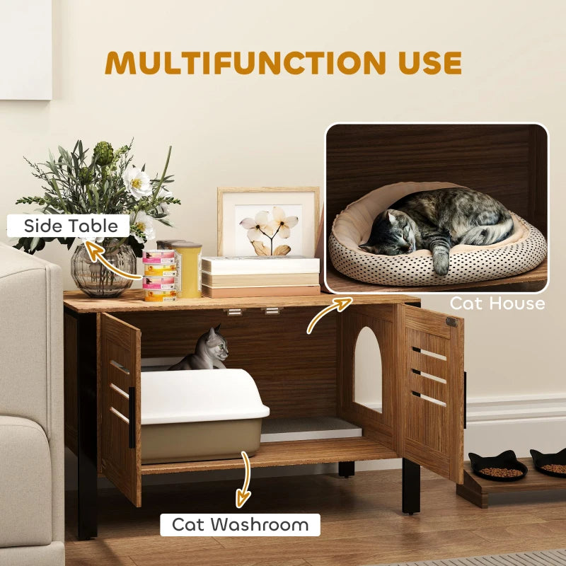 PawHut Cat Litter Box Enclosure With Tall Legs, Scratching Board, Dark Brown, - 5 - CJ