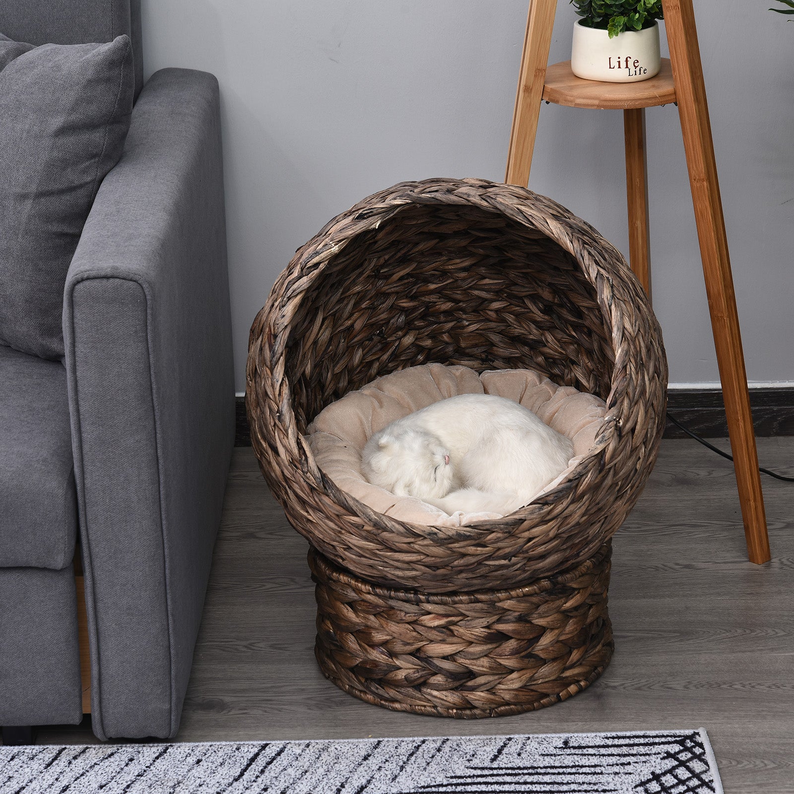 Handmade Wicker Elevated Cat Bed With Cushion Dark Brown For Kittens - 5 - cjdroshippping