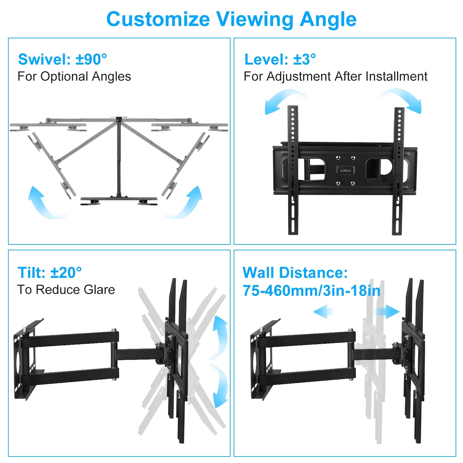 1Pc TV Wall Mount Swivel Tilt Full - Motion Articulating Wall Rack For 32in - 55in TVs 99lbs Max Bearing Support VESA Up To 400x400mm - 5 - CJ