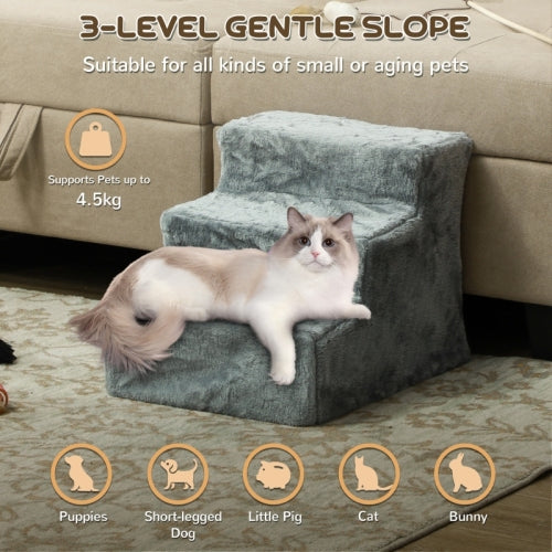 PawHut Three - Step Dog Stairs, With Washable Plush Cover, For High Bed Sofa, Dog Stairs For Small Dog And Cat - Light Grey - 5 - CJ