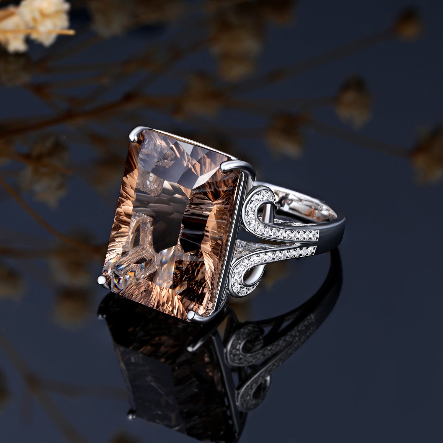 Natural Tea Crystal Ring 925 Silver Set Geometric Square Smoky Crystal Ring - 4 - CJ