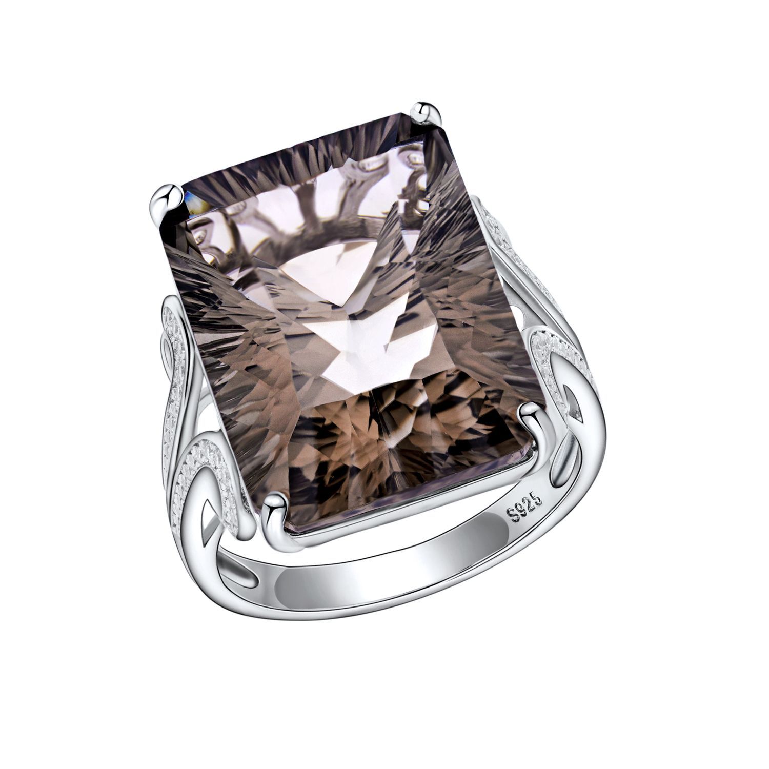 Natural Tea Crystal Ring 925 Silver Set Geometric Square Smoky Crystal Ring - 4 - CJ