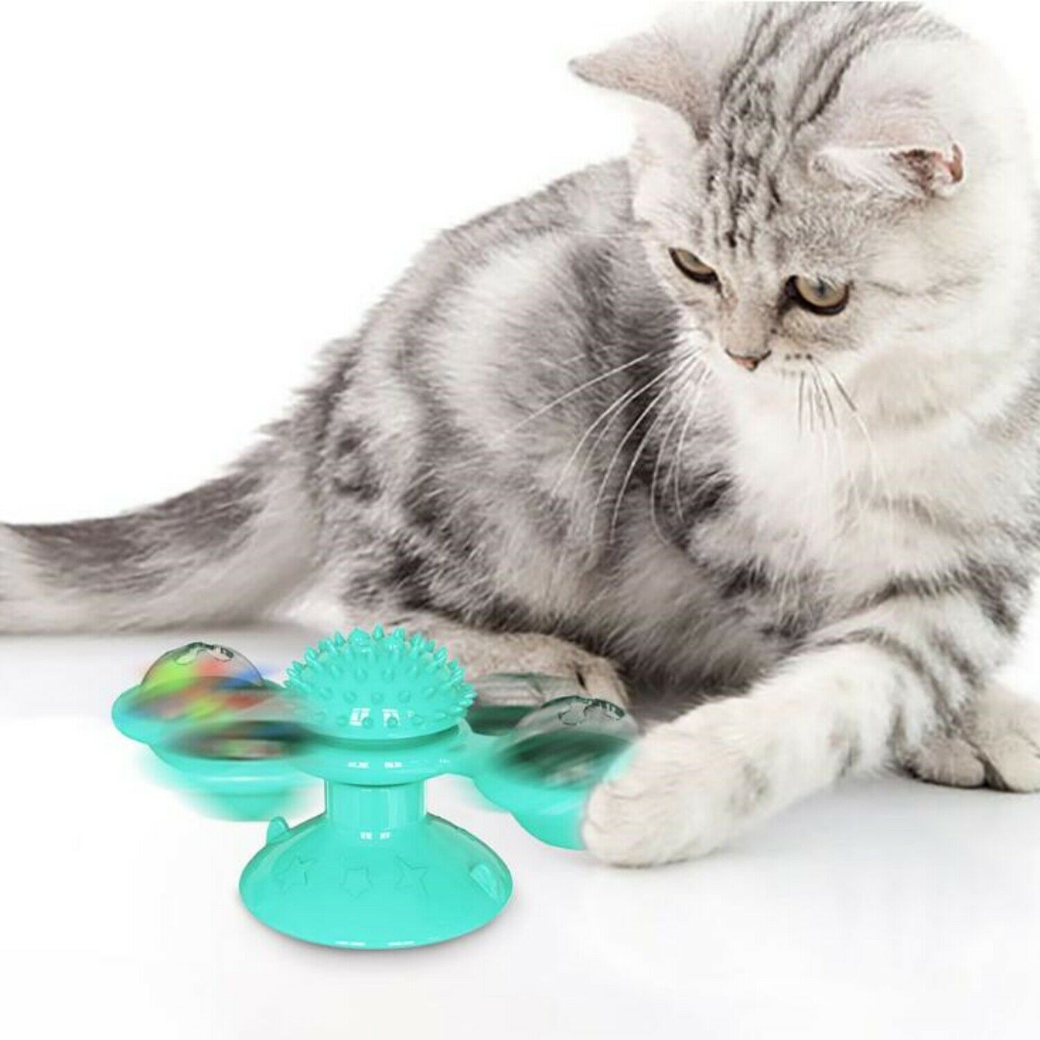 New Windmill Cat Toys Cute Rotating Interactive Cat Toy - Indoor Windmill Cat Toy With Suction Cup Catnip & Jagged Teeth Middle Ball, Smart Kitten Rotating Spinner Exercise Toy, Toothbrush & Massager - 5 - CJ