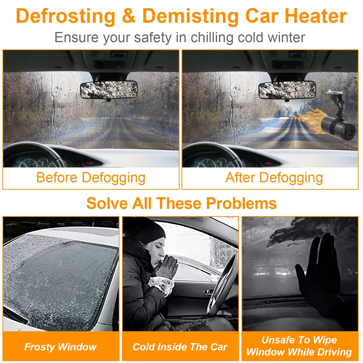 1Pc 12V 150W Or 24V 216W Portable Car Heater 2 In 1 Heating Cooling Fan Rotatable Demister Defroster With 4.92ft Cord - 5.0 - CJ