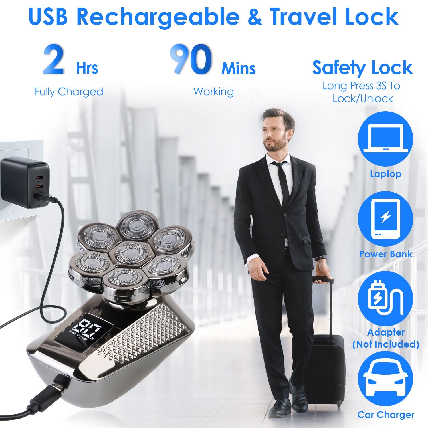 1Pc Head Shavers For Bald Men 5 In 1 7D Electric Rotary Razor Rechargeable Cordless Head Beard Trimmer Shaver Kit IPX6 Waterproof Dry Wet Grooming Kit With 3 Combs - 5 - CJ