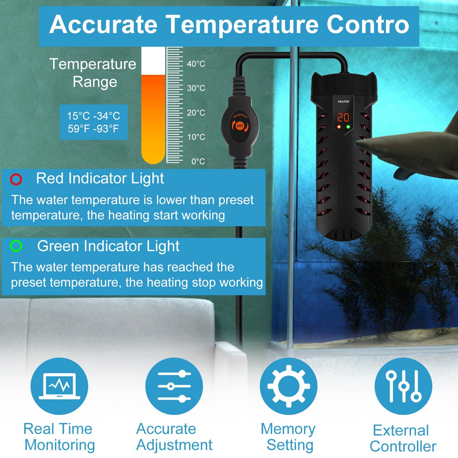 500W Submersible Aquarium Heater Temperature Adjustable External Controller 79Gal Fish Tank Heater Aquarium Thermostat Heater For Freshwater Saltwater - 5 - CJ