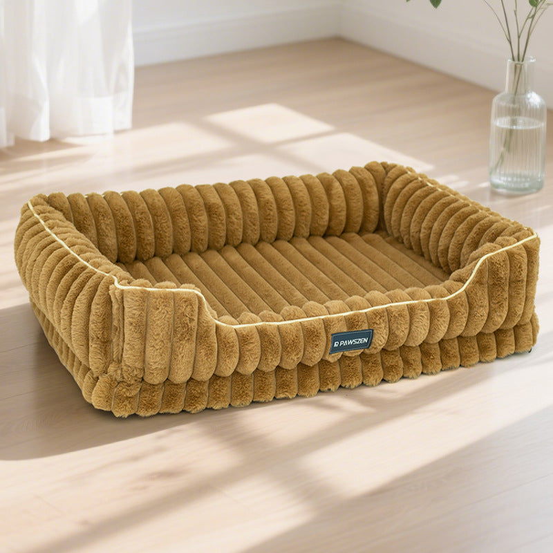 Striped Rabbit Fur Pet Bed Large Square Kennel - 0 - CJ
