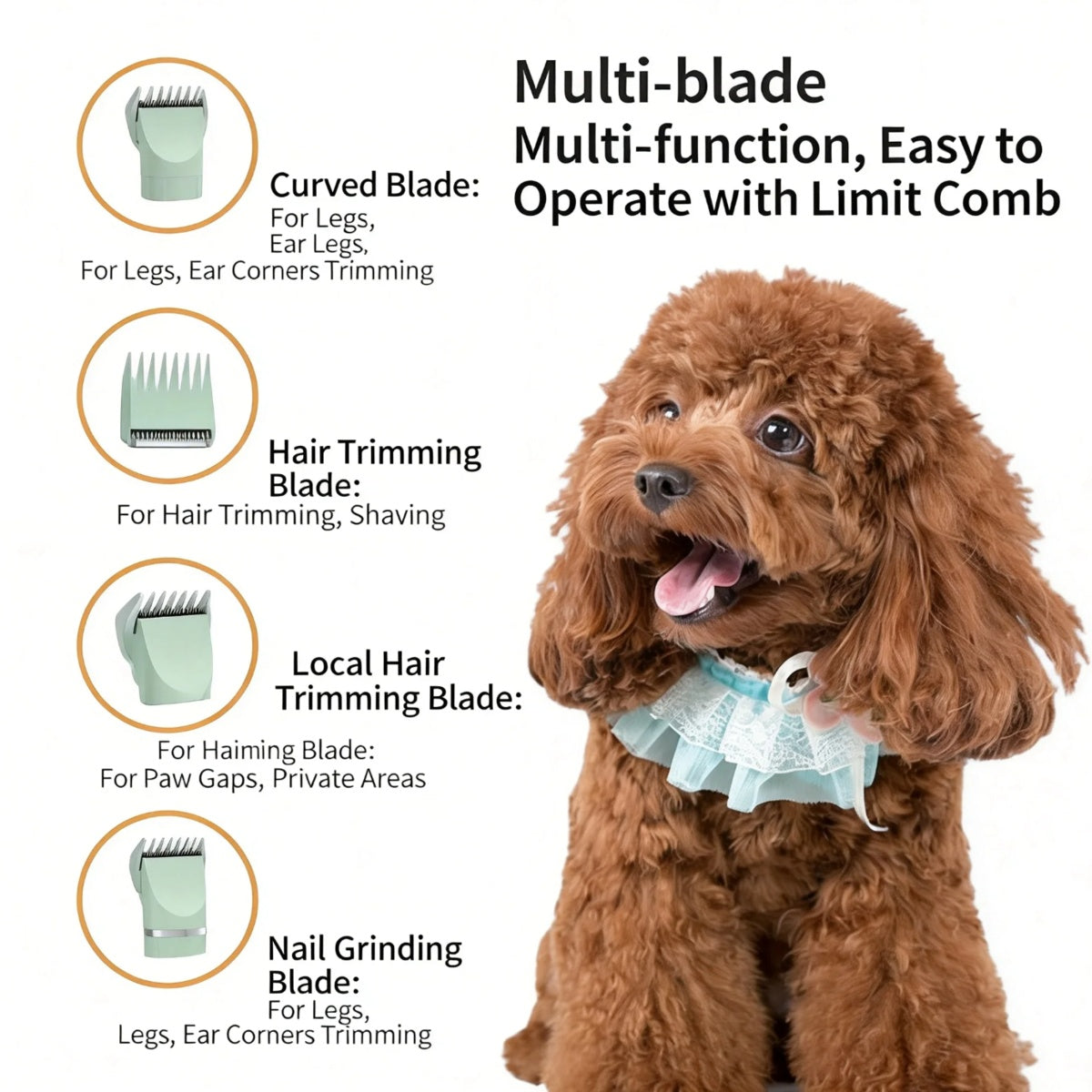 4 - in - 1 Pet Grooming Kit For Small Dogs Cats, Professional Quiet Rechargeable Hair Trimmer With 4 Interchangeable Heads, Low Noise Paw Nail Grinder Body Clipper - 5 - CJ