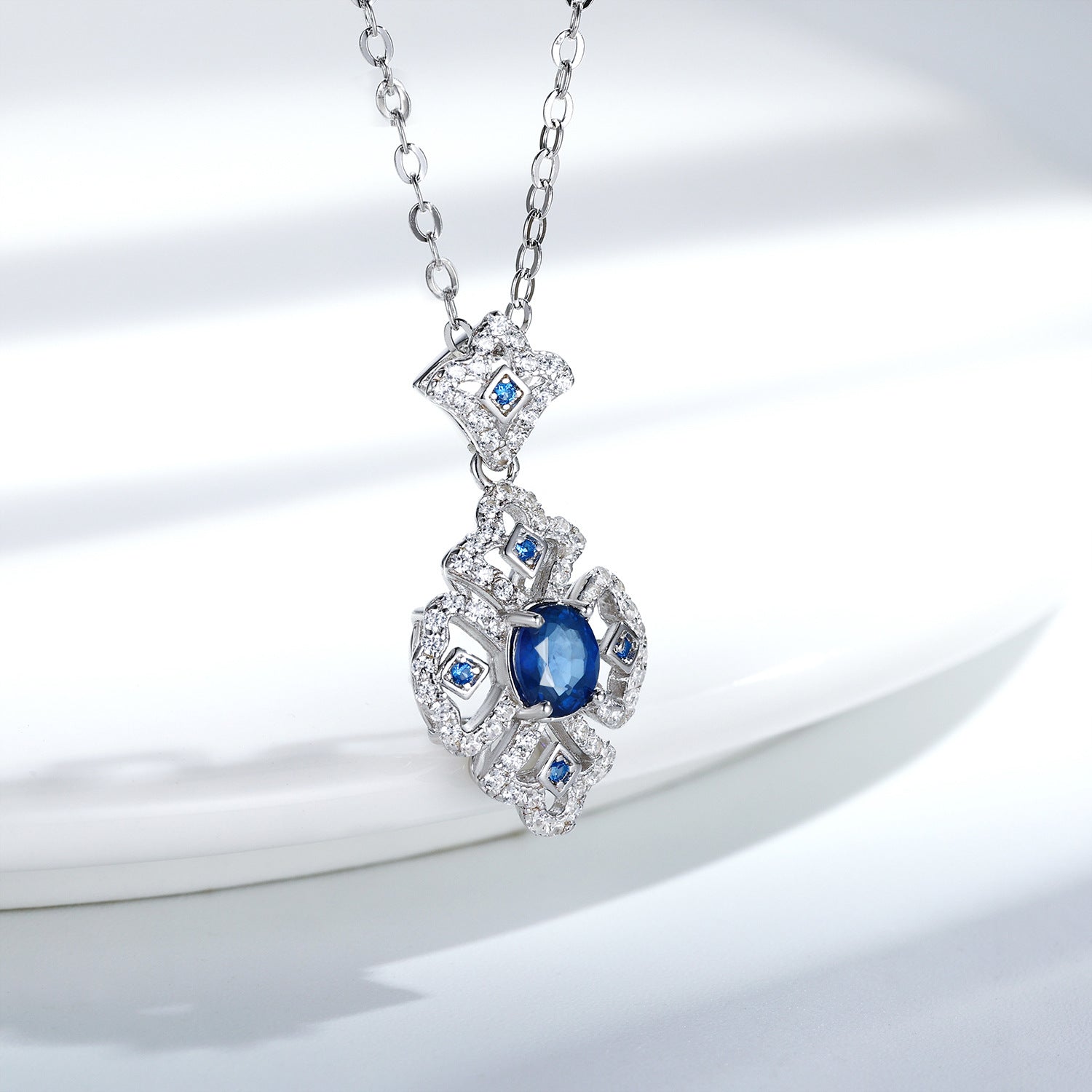 S925 Silver Retro Pattern Necklace Women's Versatile Natural Sapphire Pendant - 4 - CJ