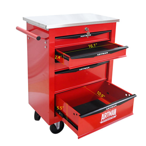 5 Drawers Multifunctional Tool Cart With Wheels,Metal Rolling Tool Cart Storage For Garage Workshop Warehouse Repair Shop - With Stainless Steel Roof - Red Black - 5 - CJ