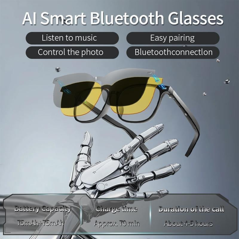 Smart AI Bluetooth Glasses With Magnetic Interchangeable Lenses - UV&Blue Light&Night Vision, Open Ear Speakers, Touch Control, 8H Battery - 5 - CJ