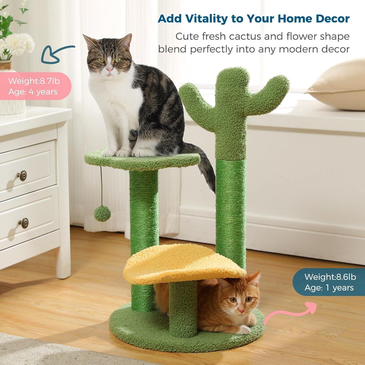 26 Inch Cactus Cat Tree With Bird's Eye View Flower Perch, Soft Cactus Top And Hanging Ball, Compact Vertical Structure For Indoor Cats - 5 - cjdroshippping